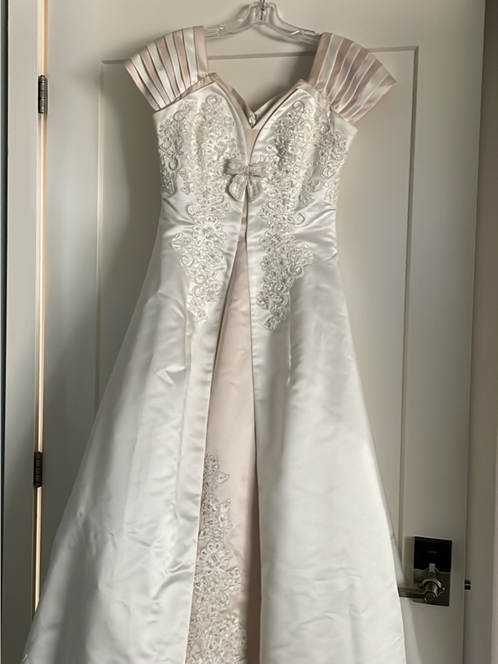 Ivory Satin A-Line Dress with Blush Accents